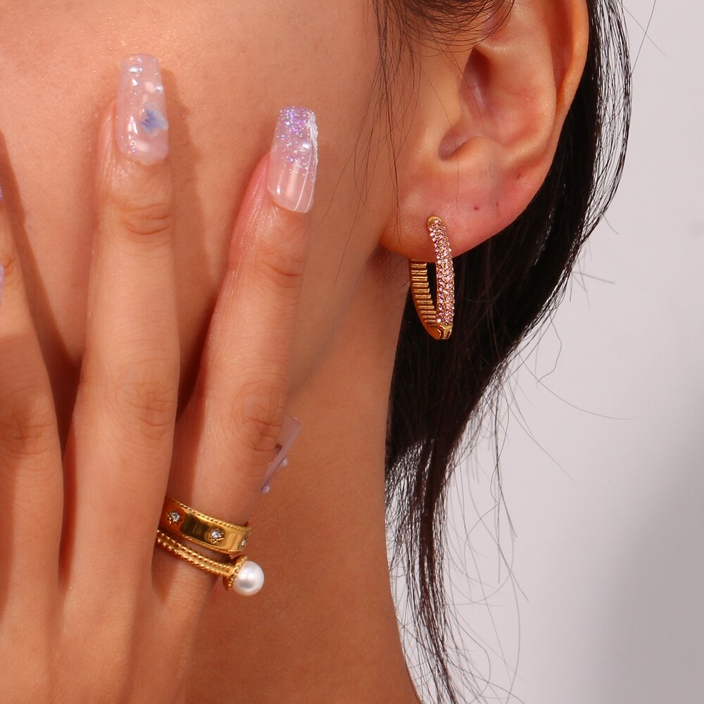 Micro Paved Stone V Shape Hoop Earrings - Elegance Jewelry Boutique