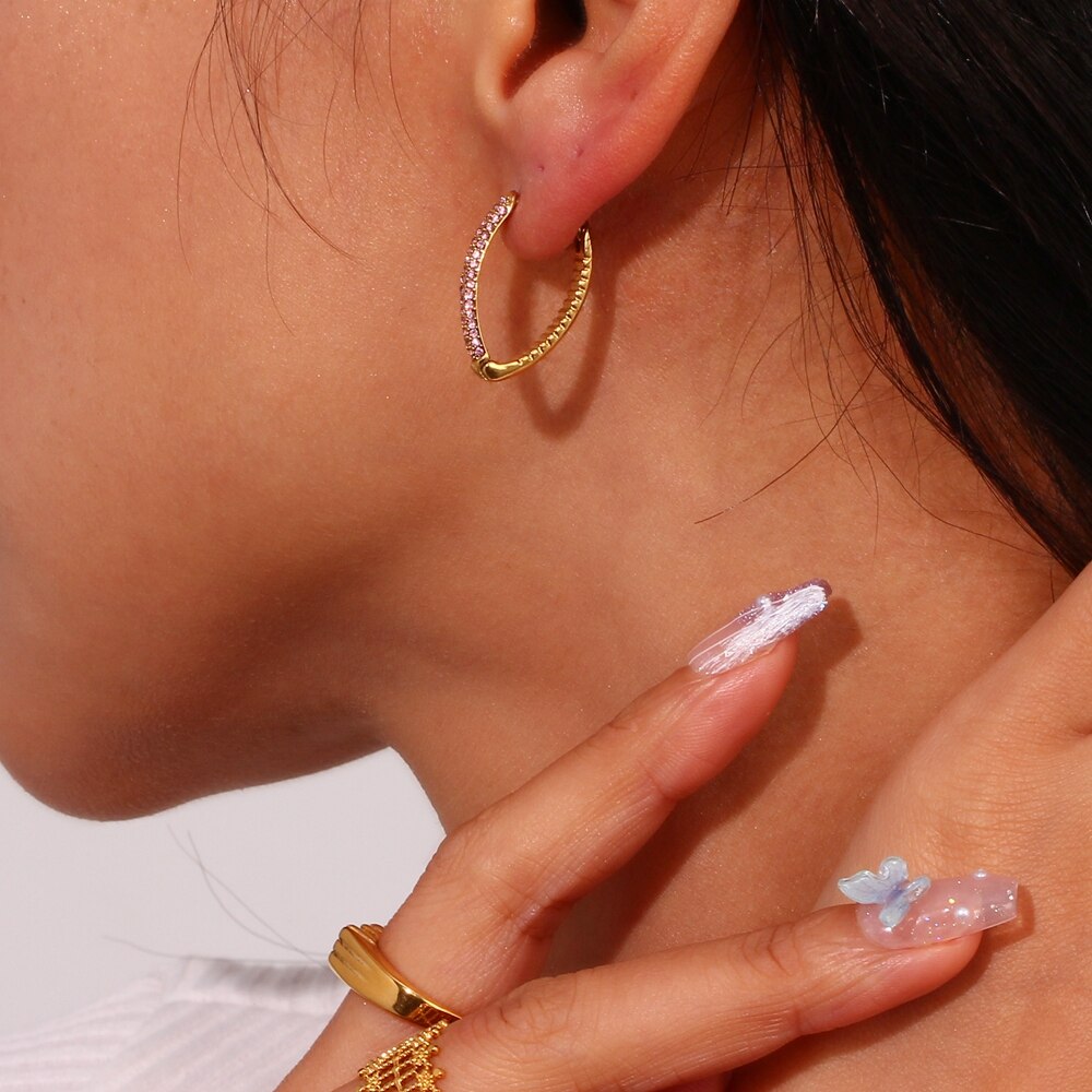 Micro Paved Stone V Shape Hoop Earrings - Elegance Jewelry Boutique