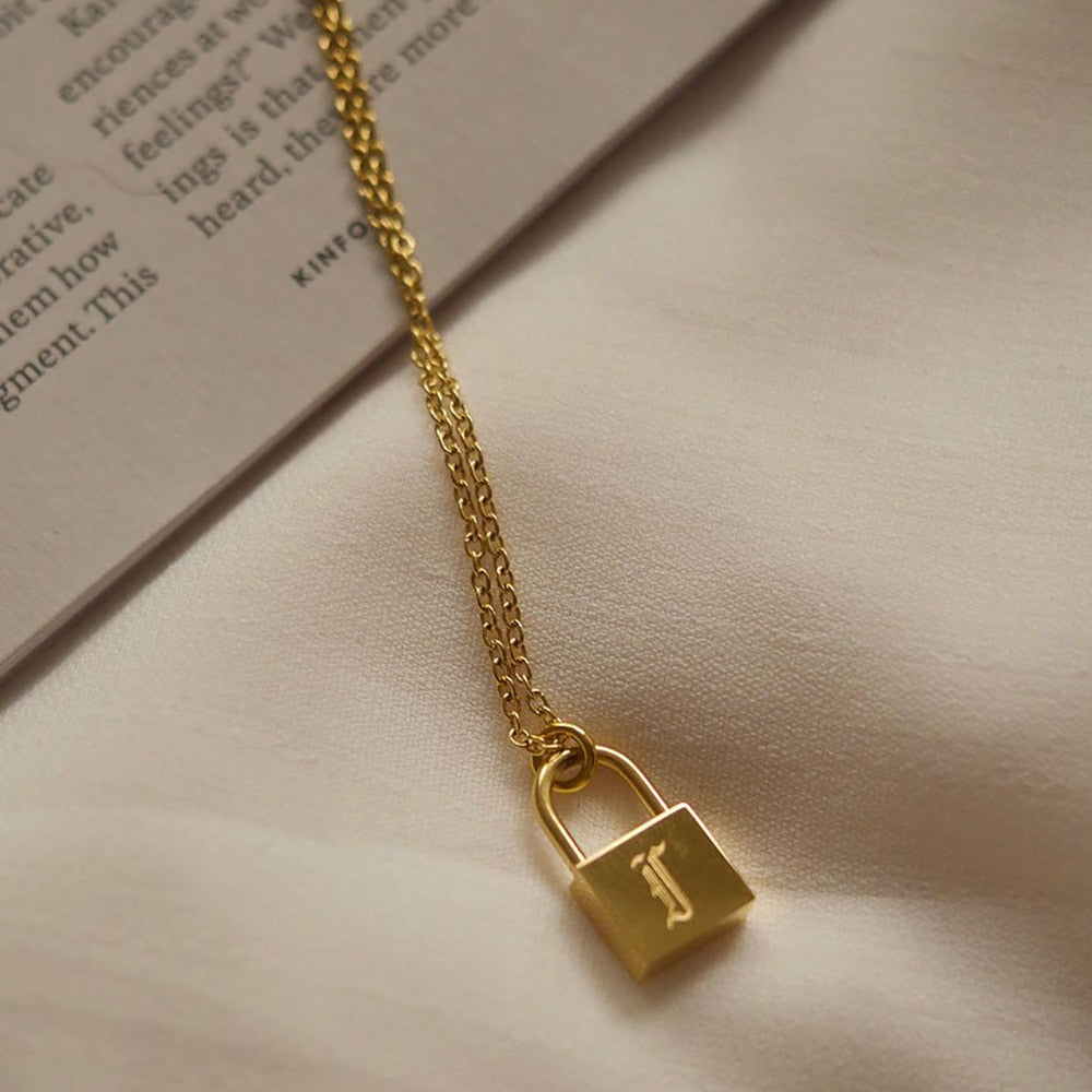 Old English Gold Plated Personalized Lock Letter Necklace - Elegance Jewelry Boutique