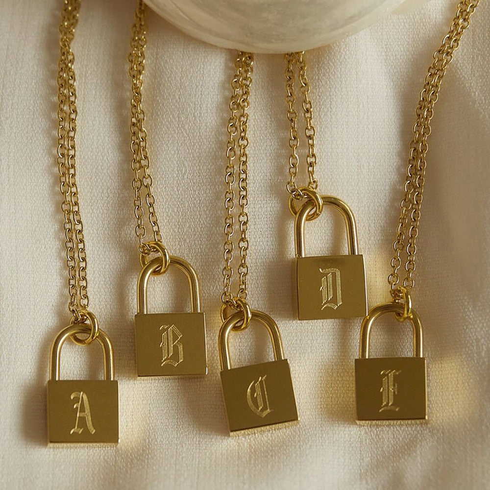 Old English Gold Plated Personalized Lock Letter Necklace - Elegance Jewelry Boutique